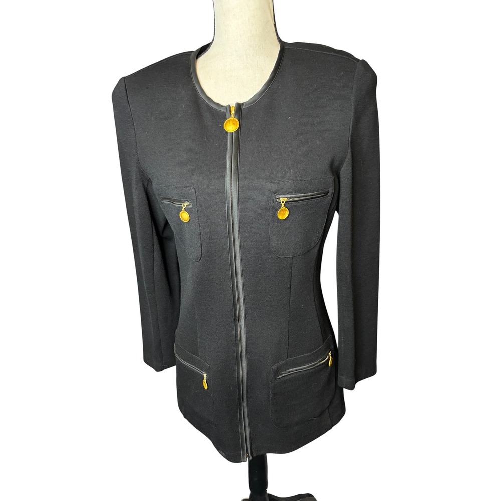 Andrea Jovine Black 100% Wool Zip Front Jacket Gold Coin Pulls Size M